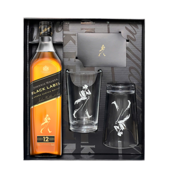 JW BLACK LABEL 75CL + 2 BRANDED ORIGINAL HIGHBALL GLASSES
